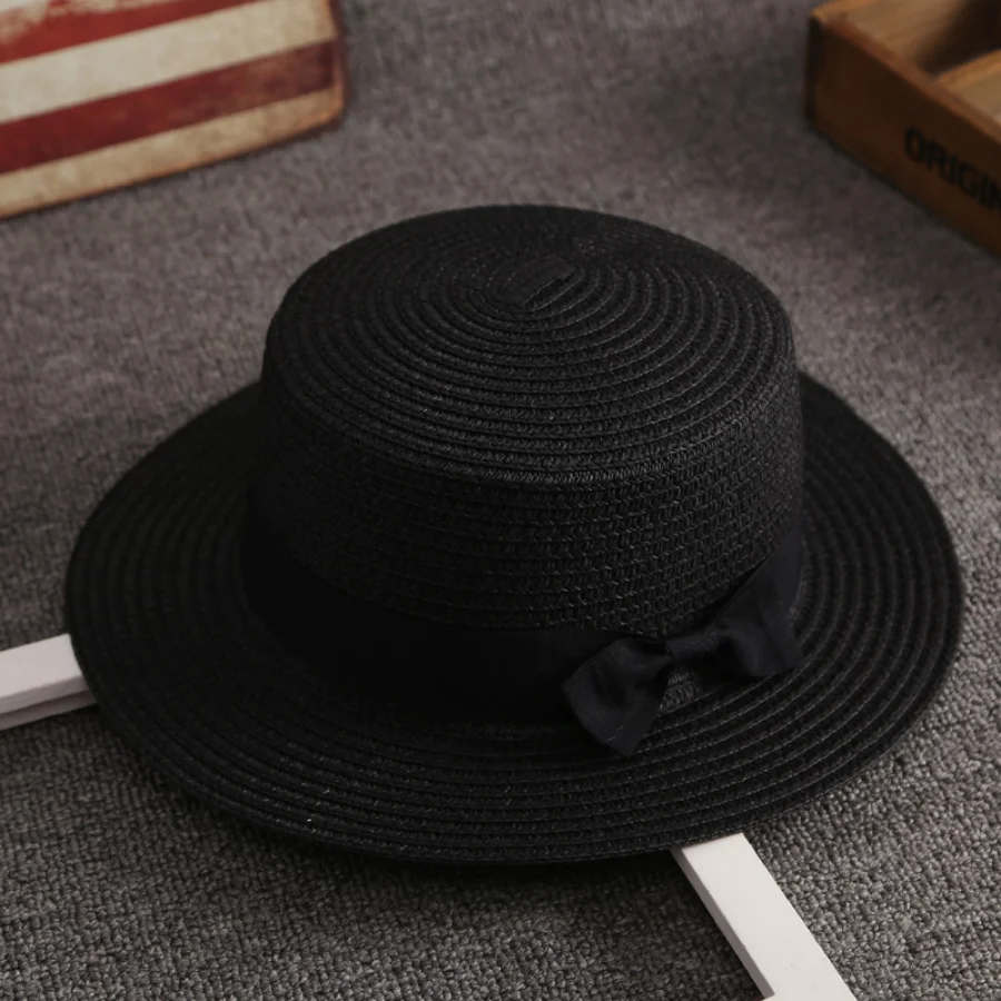 Neuer Panama Einfacher Sommer-Strandhut für Damen, Lässiger Strohhut mit Flacher Krempe und Schleife, Sonnenhut für Mädchen, Chapeu Feminino – Detail 10