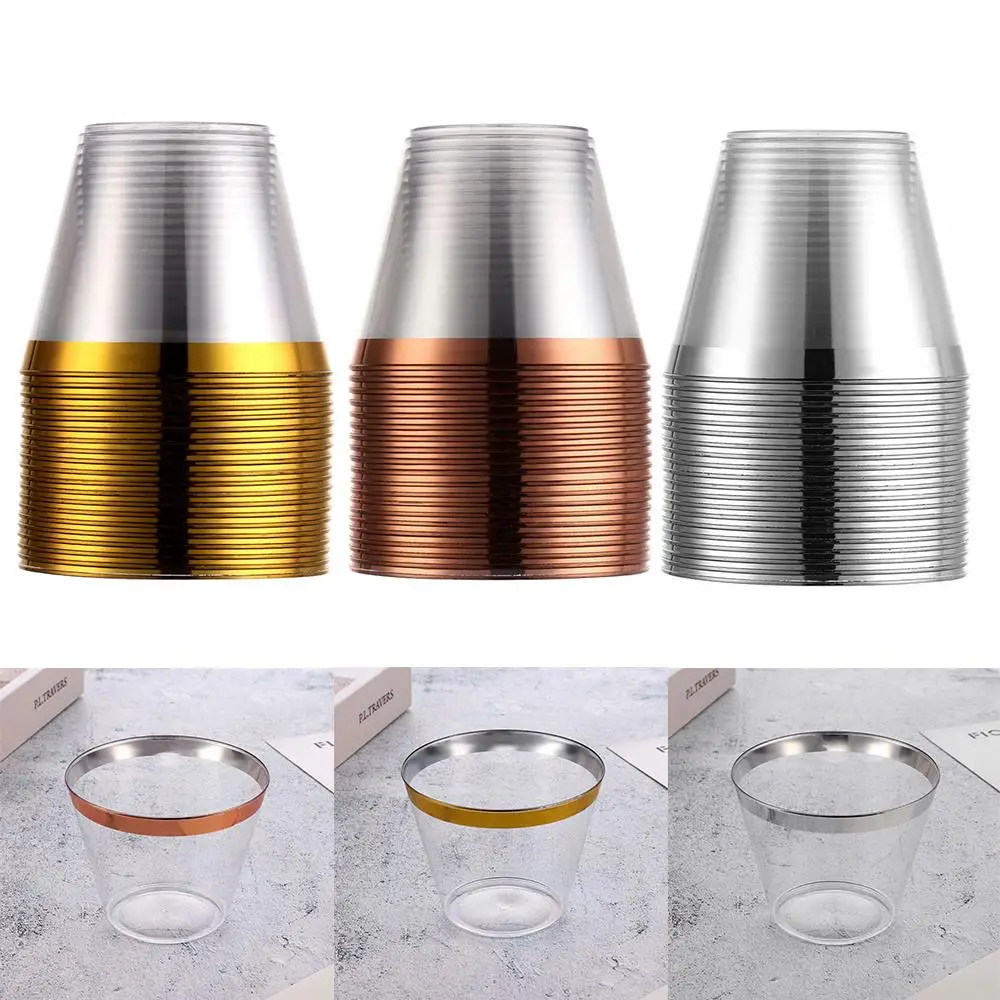 Disposable Plastic Cups Rose Gold Rimmed Transparent Cups Tableware for Wedding Birthday Party plastic cups