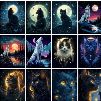 GATYZTORY Dipinto fai da te con numeri con cornice Set di gatti neri Animali Disegno da colorare con i numeri Artigianato Immagine moderna di arte della parete 1