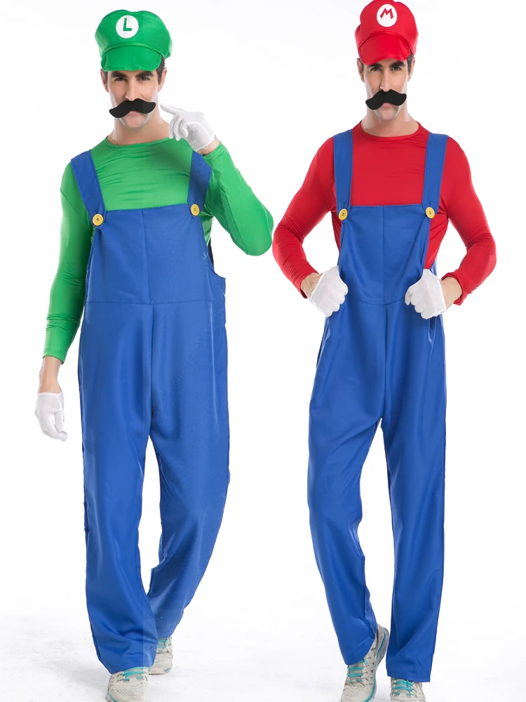 Classical Super Luigi Bros Game Costumes Adult Man's Halloween Fantasy Cosplay Outfit Sets Men