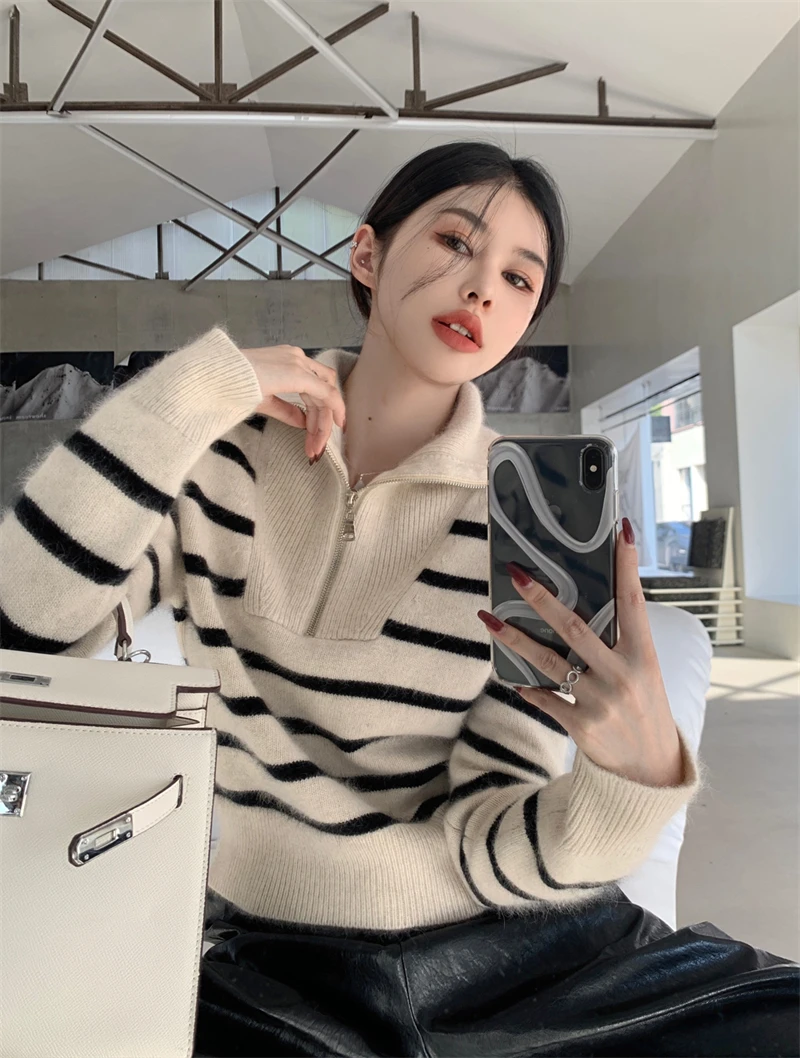 Women's Striped Sweater Zip Thick Fall Loose Turtleneck Knit Jumper Turn-down Collar Casual Oversize Fashion Women Sweaters