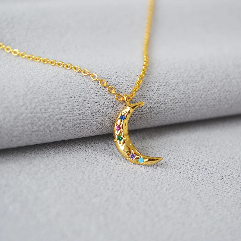 

Japanese and Korean fashion, exquisite, delicate, minimalist. Brass, gold-plated, colorful zircon, moon, short style,