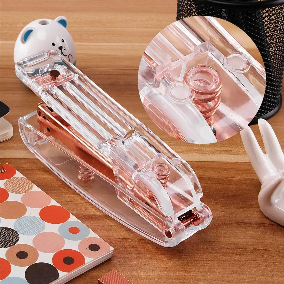 소형 사무용 스테이플러, 투명 스프링 구동 데스크탑 표준 스테이플러, 무료 1000개 표준 스테이플 포함 - 로즈 골드