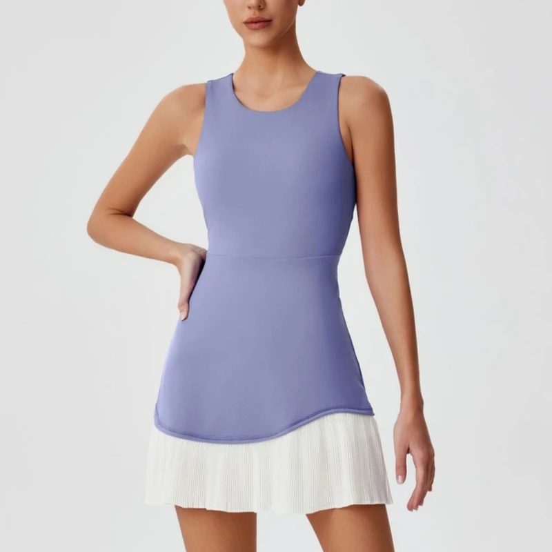 Summer sports dress pleated pendulum anti-light quick-drying badminton tennis skirt hollow back one-piece golf yoga suit