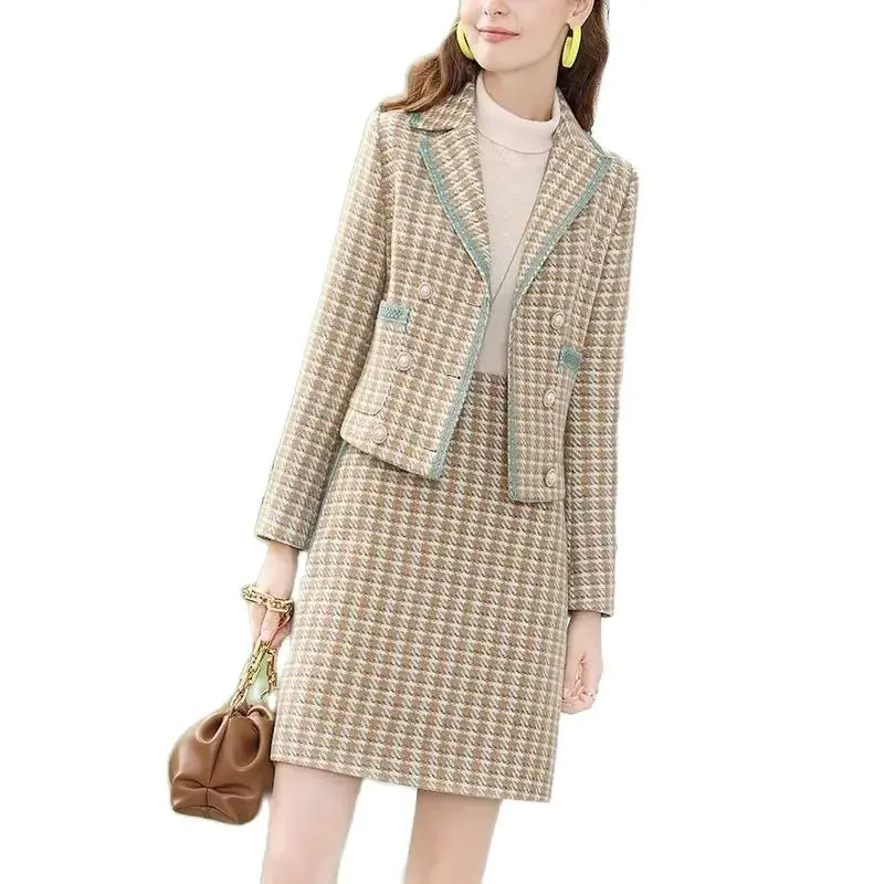 

2PCS Spring Autumn Retro Woolen Two Piece Set Ladies Fashion Temperament Short Jacket + Skirt Female Elegant Lattice Suit