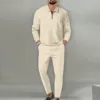 Spring Autumn men's casual lapel solid color two-piece fashion zipper Waffle fabric outdoor sports long sleeve + pants suit 1