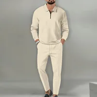 Spring Autumn men's casual lapel solid color two-piece fashion zipper Waffle fabric outdoor sports long sleeve + pants suit 1