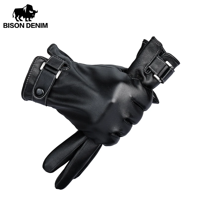  BISONDENIM Gloves Men Winter Leather Black Gloves Button Warm Mittens Luxurious PU Leather Driving Men's Genuine