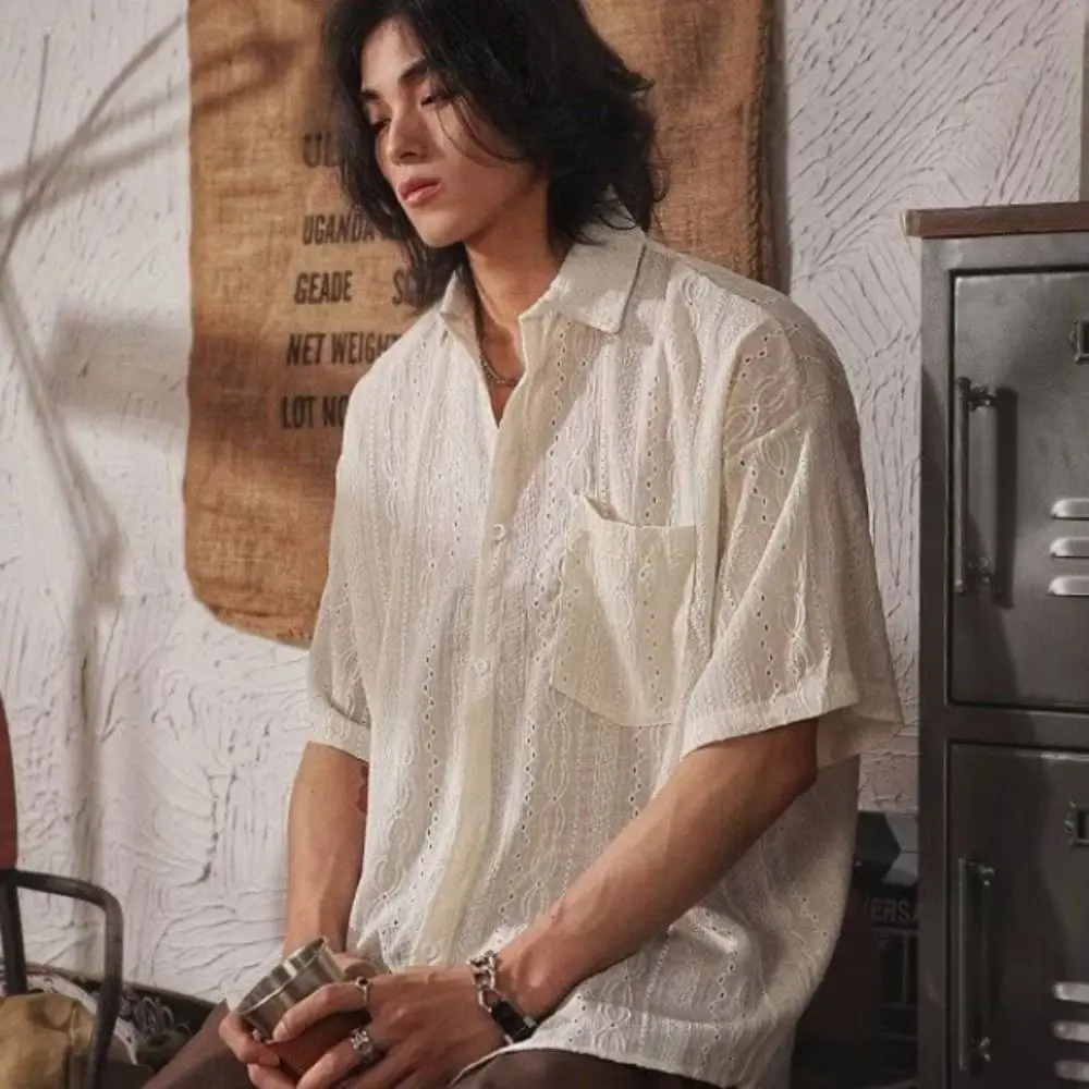 Fashion Retro Men's Floral Blouse Casual Solid Color Short Sleeve Shirts Loose Hollow Out Cardigan Shirts Men Boy