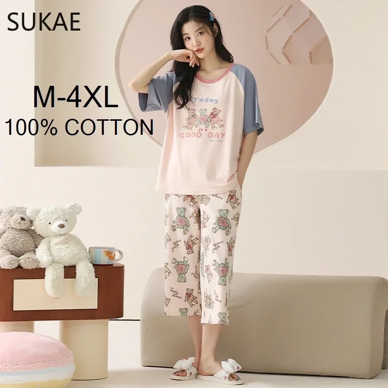 Women Pajamas Set Cotton M-4XL Summer Sleepwear Short Knee-length Pants Nightwear Capris Loungewear Cartoon Pijama women pajamas set women pajama suit cotton pajamas set