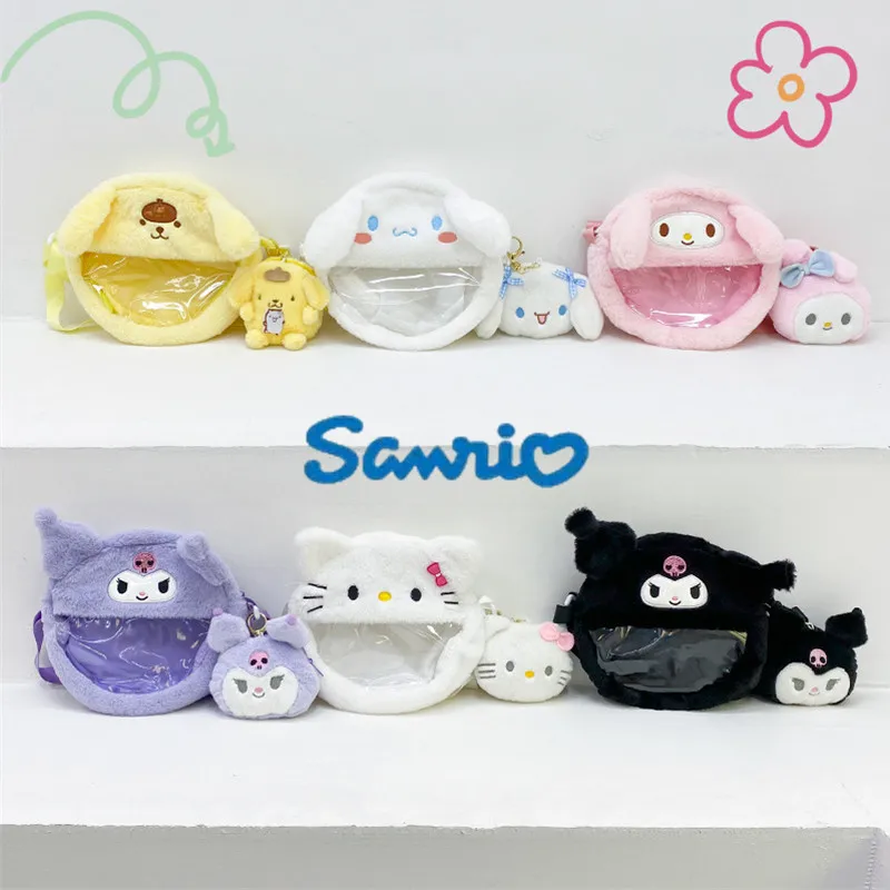 

Sanrio New Kuromi Cinnamoroll Mymelody Pompom Purin Plush Toy Cartoon Messenger Bag Children's Gift