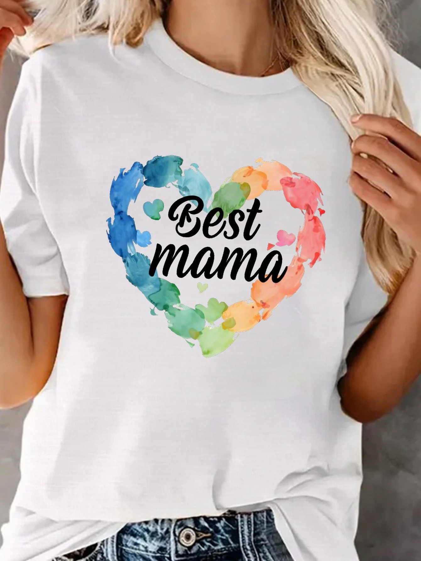 

Mother's Day Heart Print Crew Neck T-Shirt, Casual Short Sleeve T-Shirt For Spring & Summer, Women's Clothing