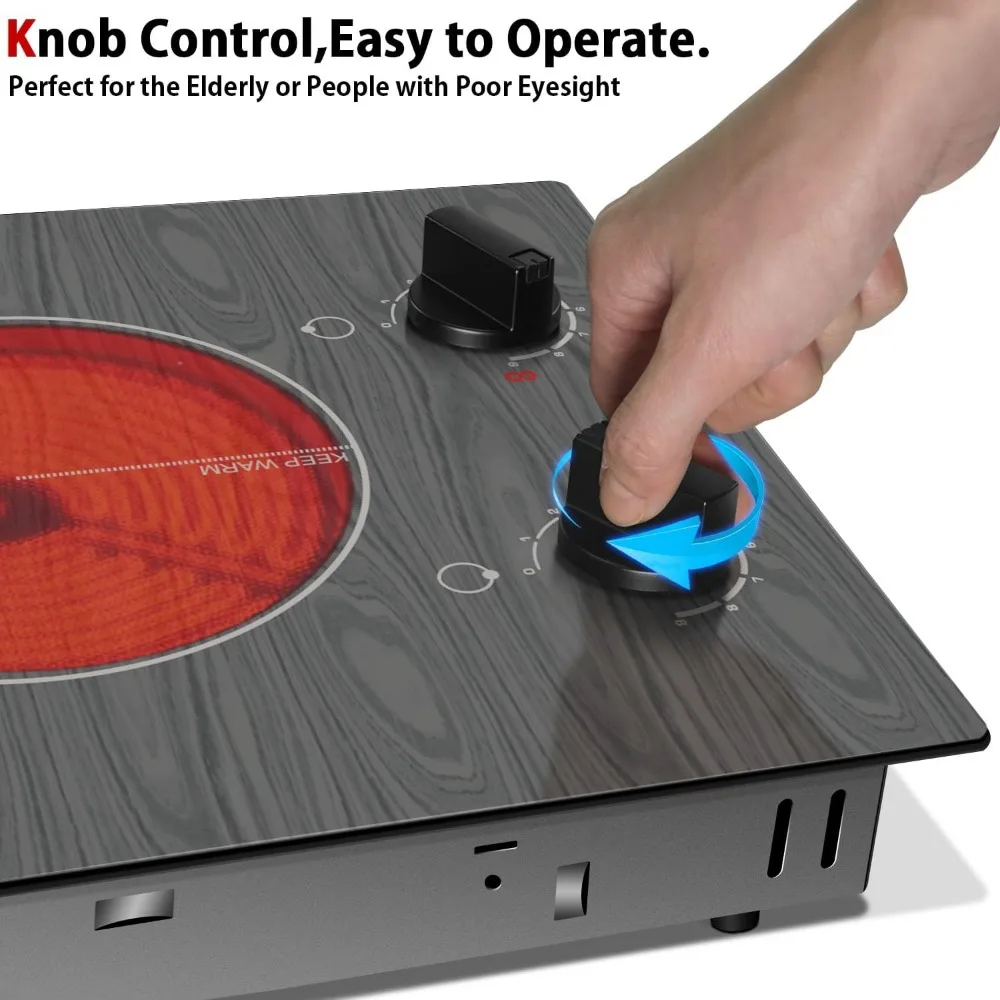 Electric Cooktop 2 Burners, 110v Portable Electric Stove Top with Knob, Glass Cooktop, Beautiful Woodgrain Pattern, Built-in
