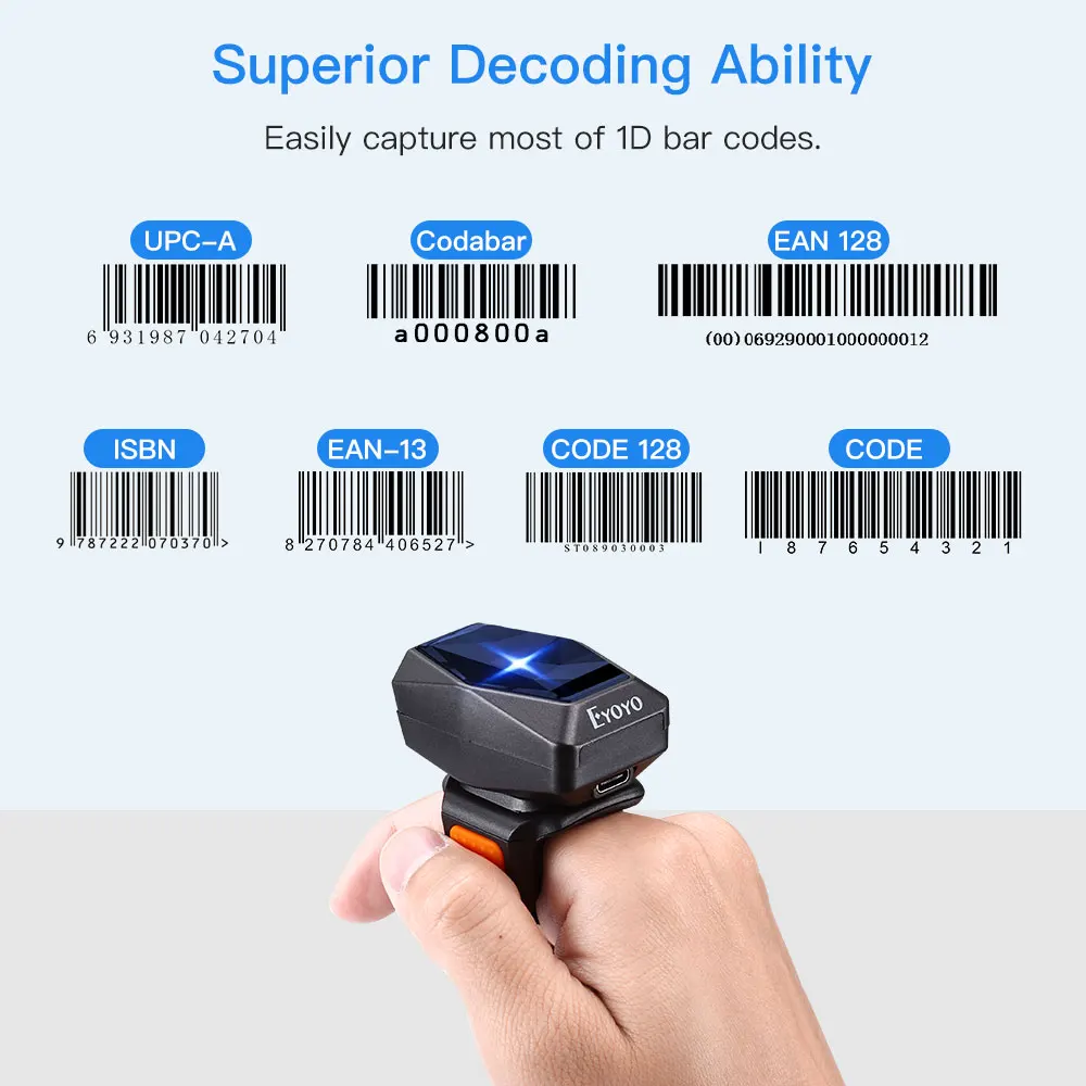 Eyoyo EY-016 1D&2D Wearable Bluetooth Barcode Scanner USB Wired QR Reader For Store Warehouse Finger Trigger Buttton Scanning