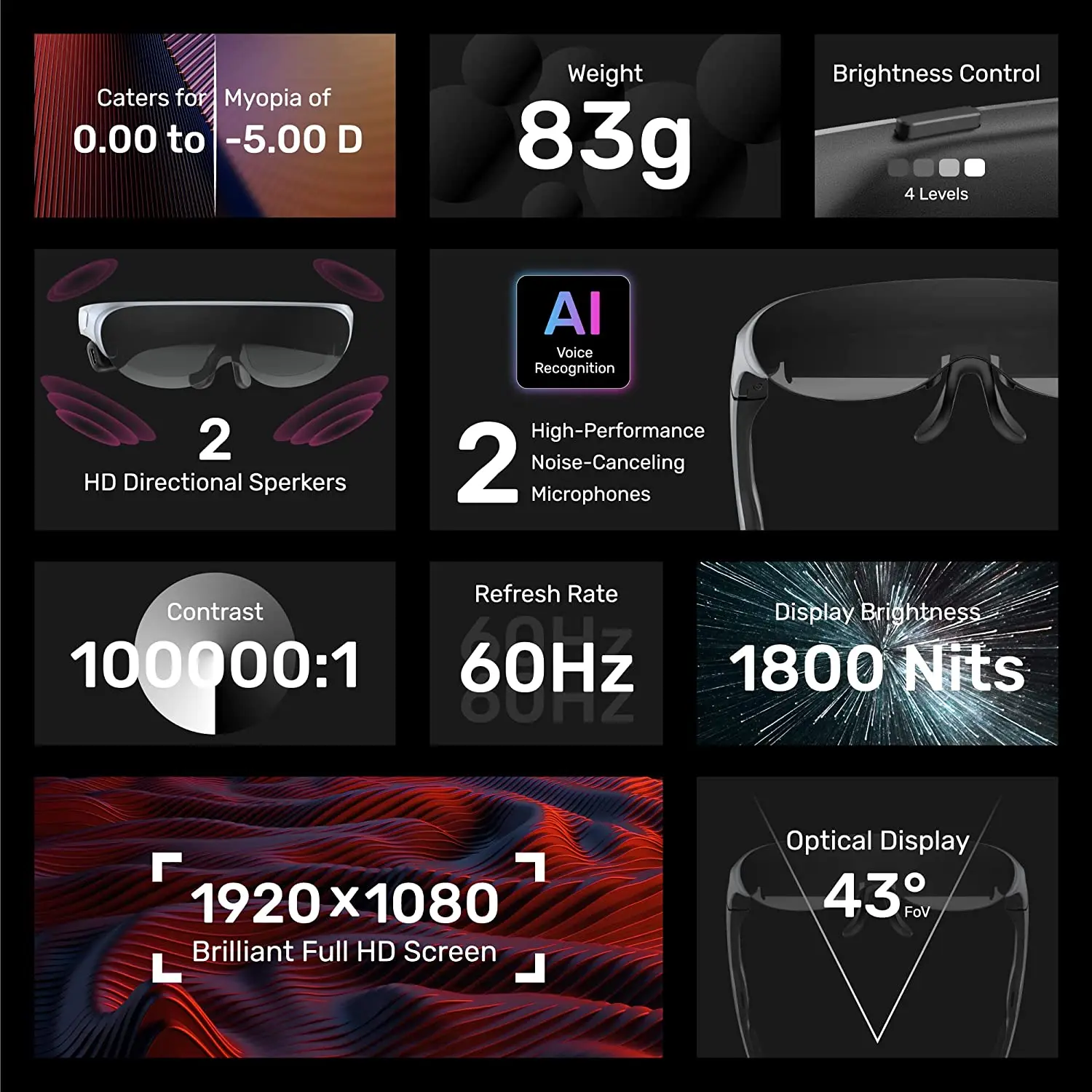 Rokid Air AR Glasses, Myopia Friendly Pocket-Sized Yet Massive 120" Screen with 1080P OLED Dual Display, 43&deg;FoV, 55PPD