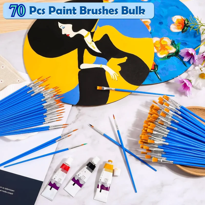 Acrylic Painting brushes Flat Round Hair Watercolor Brush for Art Pottery Clay Painting 50Pcs