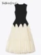 Hollow Out Spliced Circle Dresses For Women Round Neck Sleeveless High Waist Slimming Tunic Mini Dress Female New