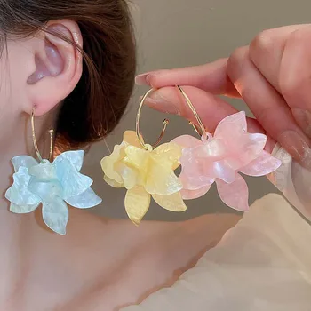 Korean Colorful Acrylic Flower Pendant Earrings for Women Girls Vintage C Shape Large Petal Dangle Earrings Jewelry Gifts