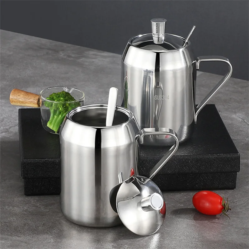 Stainless Steel Seasoning Jar for Spices Organizer Sugar Bowl Salt Pepper Shaker Oil Can Bottle with Spoon Lid Kitchen Gadget