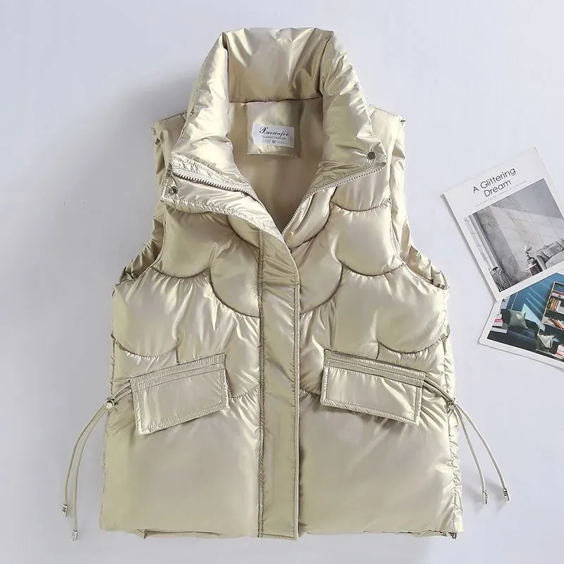 

Short Down Cotton Vest Women Tops Autumn Winter New Sleeveless Jacket Female Loose Glossy Thick Waistcoat Warm Outerwear H3186