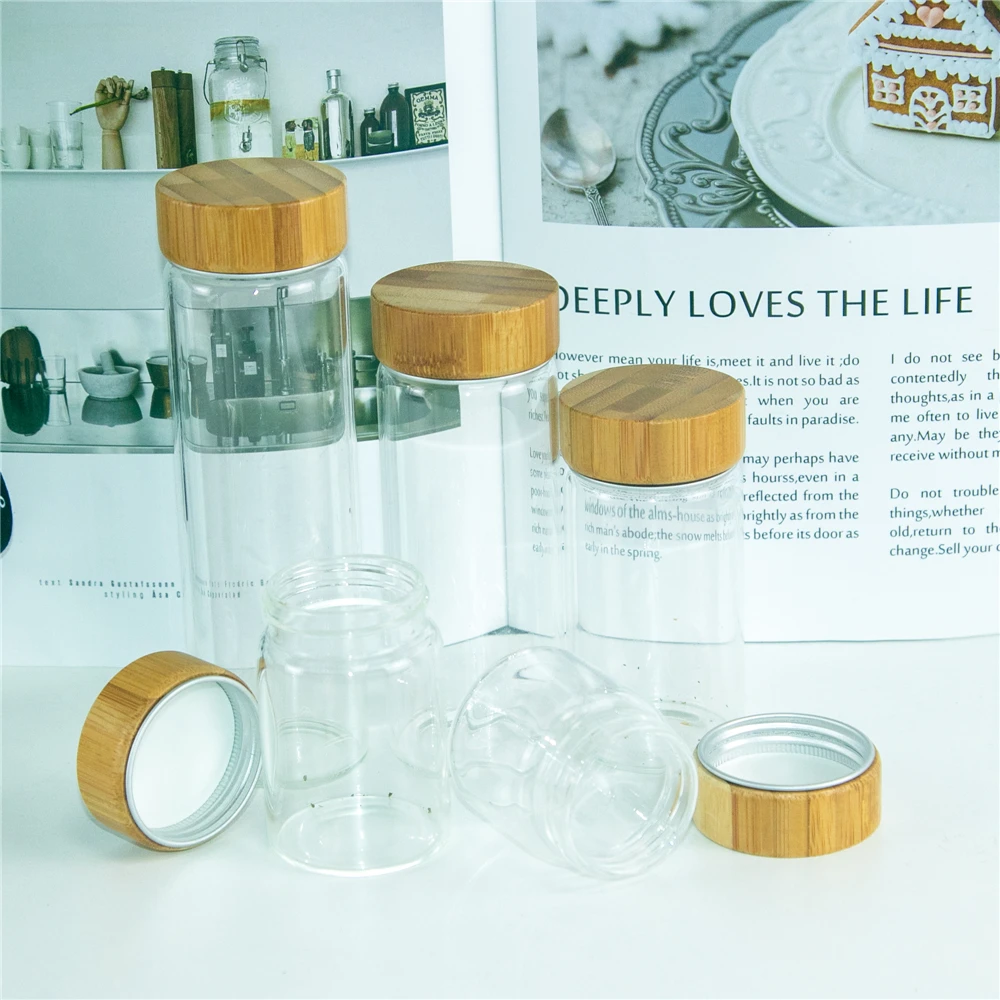 6units Glass Bottle with Aluminum Bamboo Double Cap 50ml 80ml 100ml 150ml 190ml Glass Storage Jars Candy Food Leak proof Bottles 6