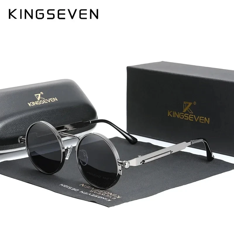 KINGSEVEN Gothic Steampunk Sonnenbrille Polarisierte Hohe Qualität Männer Marke Designer Vintage Runde Edelstahl Rahmen Brillen