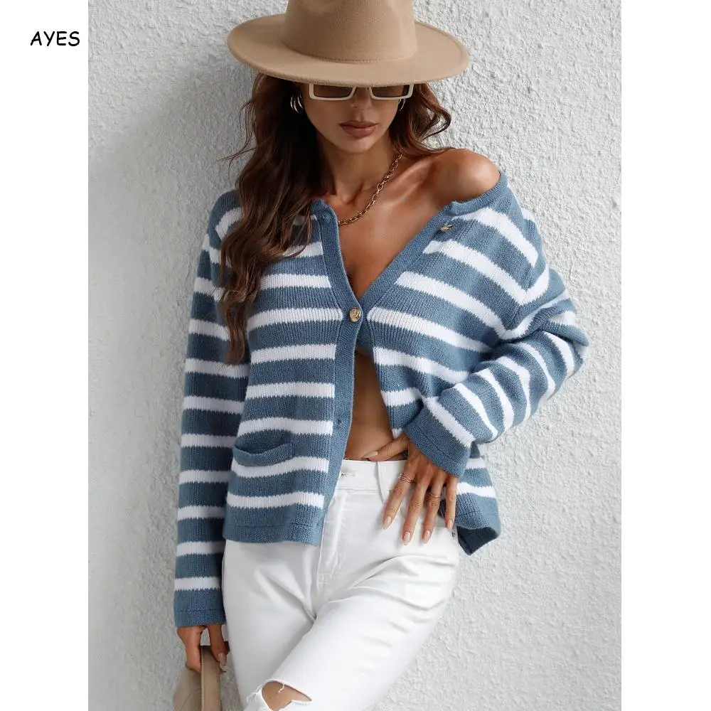 

2022 Women Casual Fashion V-Neck Knitted Button Top Stripes Are Stylish And Elegant Commuter All-Match Bottoming Cardigan Shirt