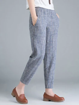 plus Size Women's Patchwork Cotton Linen Striped Harem Pants Loose Fit High Waist Small Foot Nine Points Pants