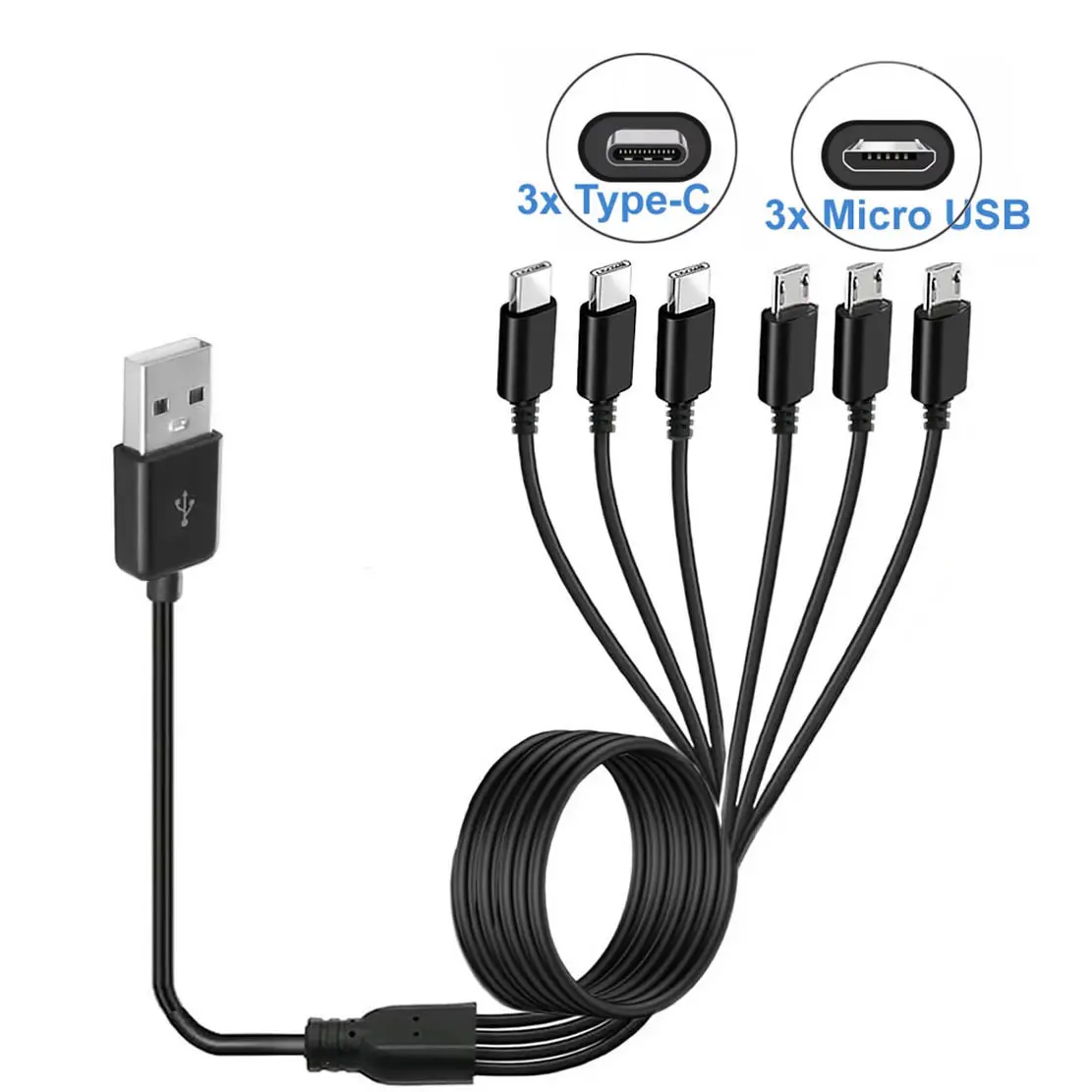 6 v 1 mikro usb/type C rozbočovač kabel 3 v 1 USB na mikro usb/type C charing kabel pro iphone15 Android Samsung tablet a různí