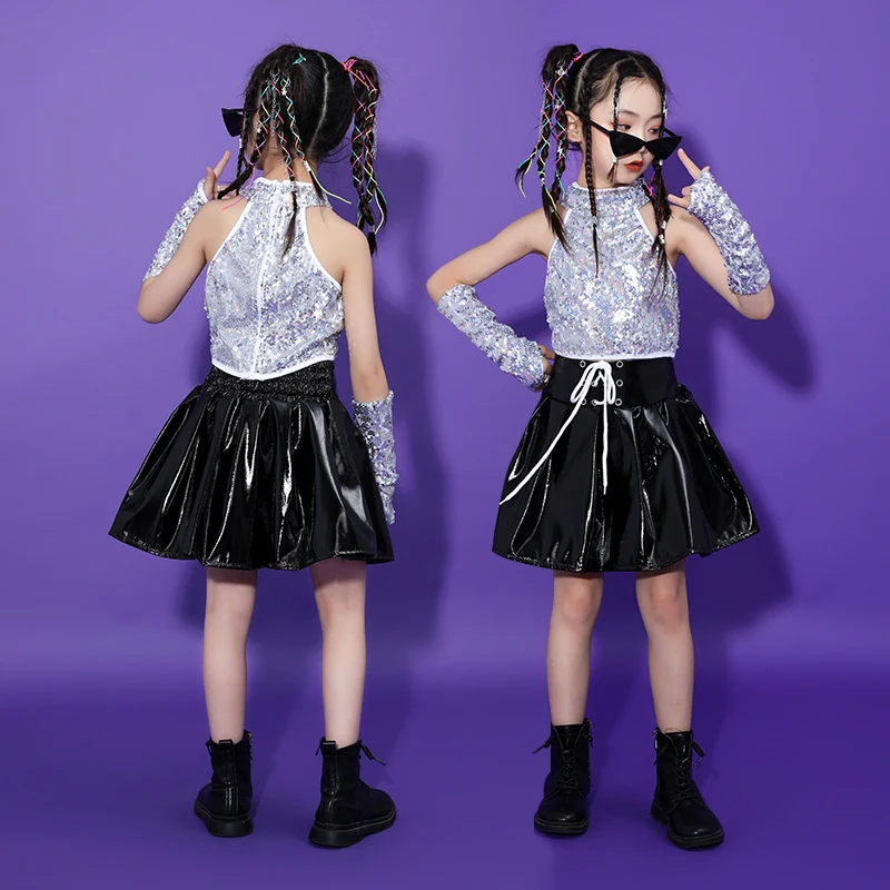 

Kids Catwalk Sequins Clothing Girls Jazz Dance Performance Hip Hop White Street Dancer Sequins Tops Costume Jazz Black Skirt