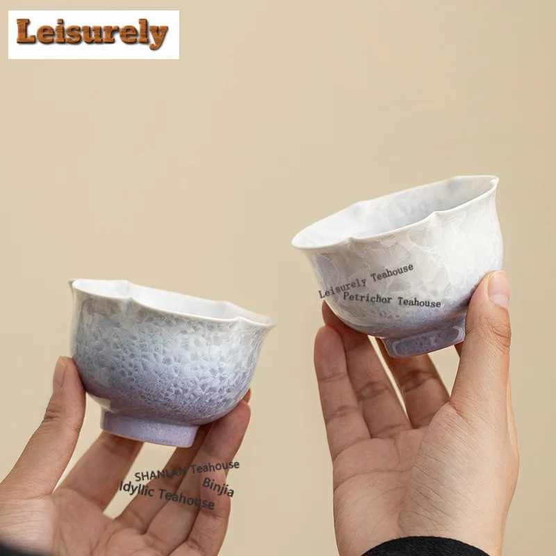 100ml Kiln Fambe Crystal Glaze Flower Mouth Teacup Antique Tea Bowl Tea Pair Tea-tasting Smelling Cup Jianzhan Master Cup Craft