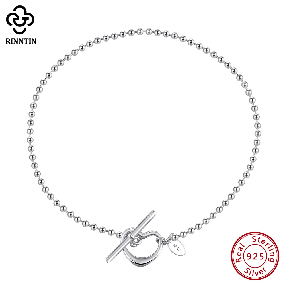 Rinntin Genuine 925 Sterling Silver 2.0mm Bead Anklet for Women with Heart Toggle Clasp Foot Ankle Straps Jewelry SA68