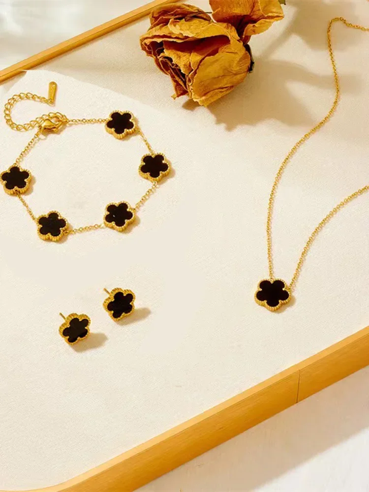 Jewelry Sets 3 pieces of stainless steel plum blossom plant five leaf necklace bracelet earrings women's jewelry set