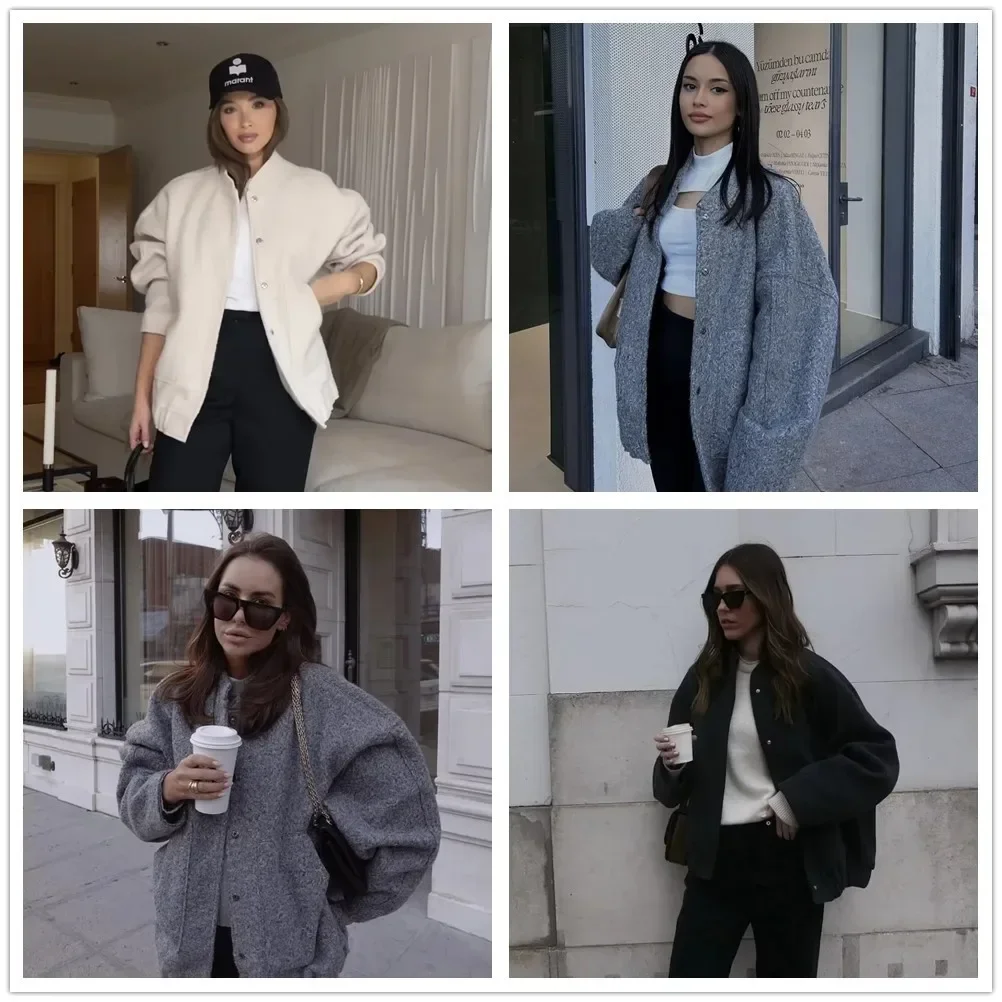 

Women Solid Full Sleeve Coats Stand Collar Single Breasted Regular Splice Casual Loose Jackets Autumn Winter 2023 Ladies