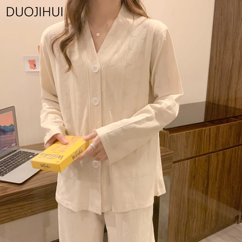 DUOJIHUI Two Piece Sweet Casual Home Pajamas for Women Autumn V-neck Chicly Cardigan Simple Fashion Pant Basic Female Sleepwear
