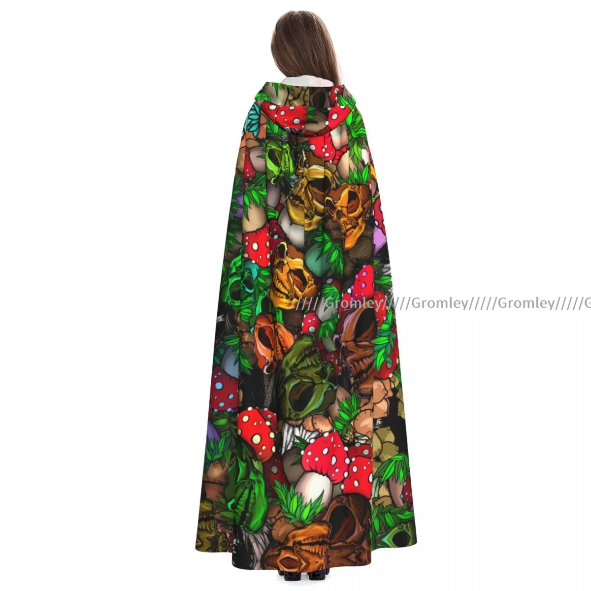 

Colorful Skulls And Mushrooms Witch Cloak Hooded Cosplay Costume Halloween Adult Long Party Cape