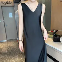 Summer Sleeveless Women Long Dress V-Neck Tank Satin Ice Silk Dresses Midi Dress A-Line Backless Sundress Evening Party Vestidos