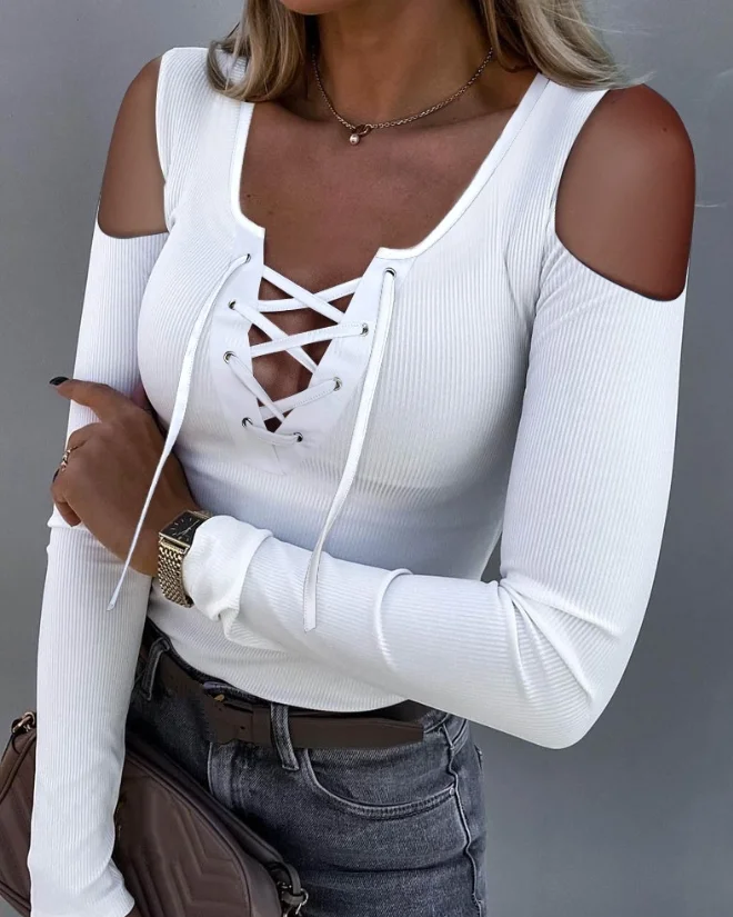 

Woman Sexy Blouses 2023 Autumn Grommet Eyelet Lace-Up Cold Shoulder Casual Plain Long Sleeve Skinny Daily Basics Ribbed Top