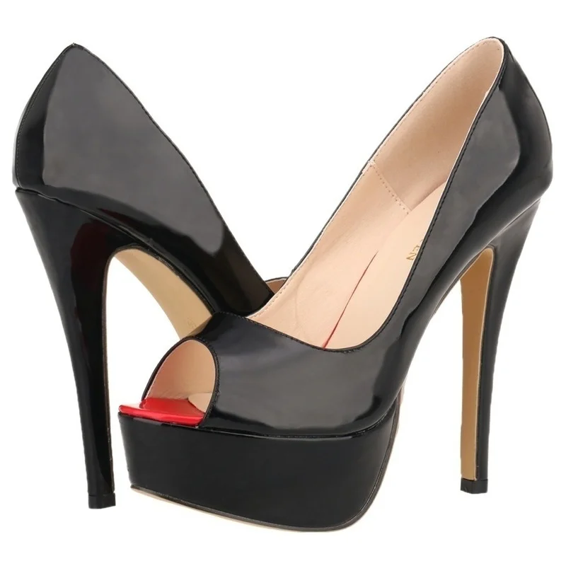 Loslandifen sexy peep toe plataforma bombas femininas 14cm super alta sapatos de salto alto couro casamento vermelho stilettos