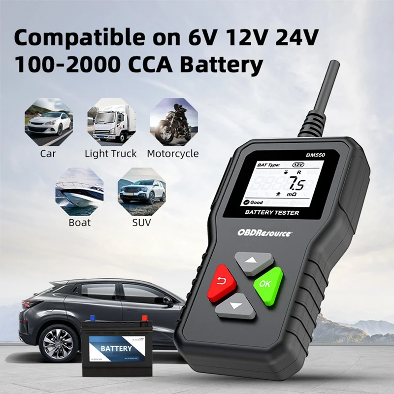자동차 배터리 테스터, BM550, 6V, 12V, 24V, 100-2000 CCA, 2Ah-220Ah 배터리 시스템, 자동 배터리 분석기, 자동차 배터리 도구 감지