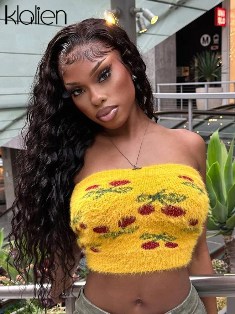 

KLALIEN Cute Print y2k Tube Top Sweater Vest Women Autumn Winter Fashion Backless Streetwear Party Crop Tops Pullovers Knitwear
