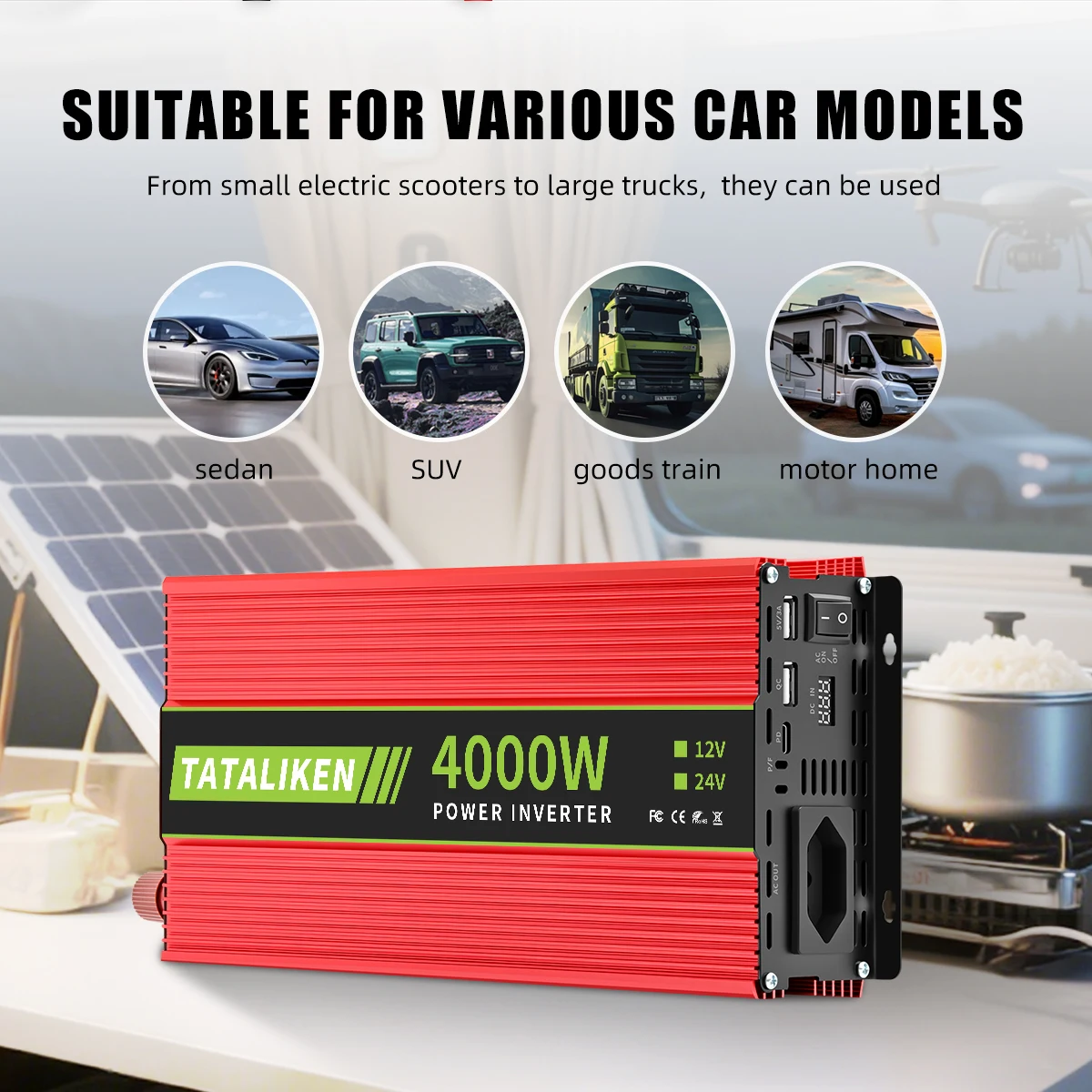 인버터 DC12V/24V AC 110V/220V 60HZ 변형 웨이브 인버터 4000W 태양열 자동차 전력 변환기, 브라질 소켓