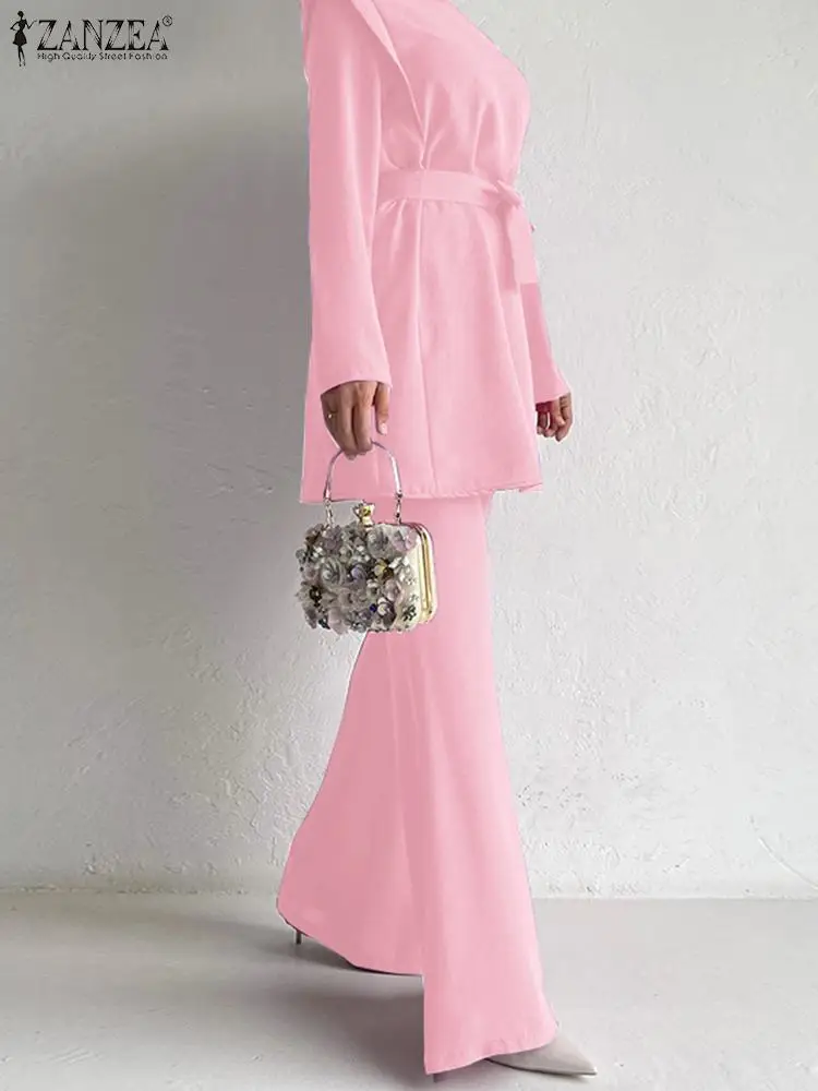 

ZANZEA Fashion Office High Waist Flare Long Trouser Elegant Ruffled Outfits Women 2PCS Pant Sets Long Sleeve Tops Suit Tracksuit