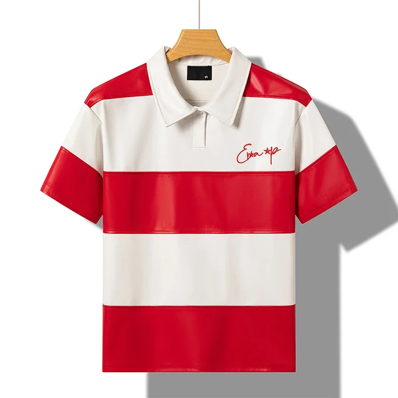 Splice Color Stripe Pu Leather Lapel Collar T Shirt Black Purple Red Polo Shirt Men Women High Street Casual Short Sleeve Tops 15 Sfdc629dab7904d21ac4d6b4d7d66a916Q