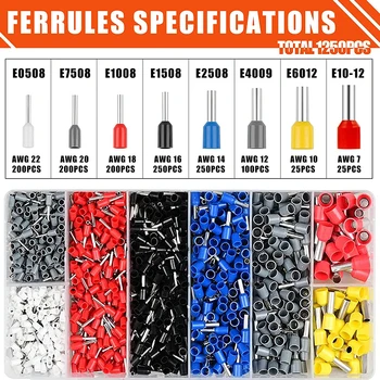 Ferrule CRIMPING ชุดเครื่องมือ AWG23-7 ปรับ RATCHET Wire CRIMPING คีม 1250PCS Ferrules ชุดปลายสายขั้วต่อสายไฟชุด 1