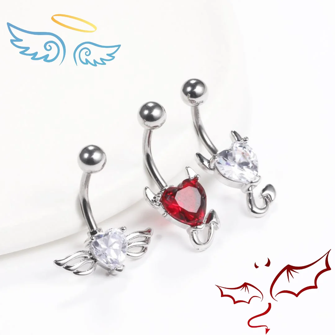 Stainless Steel Heart Belly Button Ring Women Sexy Purple Red Zircon Demon Devil Navel Piercing Dangle Earring Body Jewelry 1PC