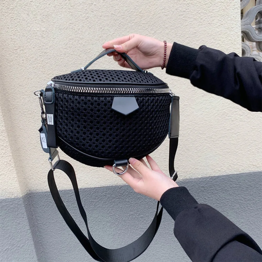 Women Crossbody Bag Travel Belt Bag Sport Purse Pocket Nylon mesh bag with leather shoulder bag messenger