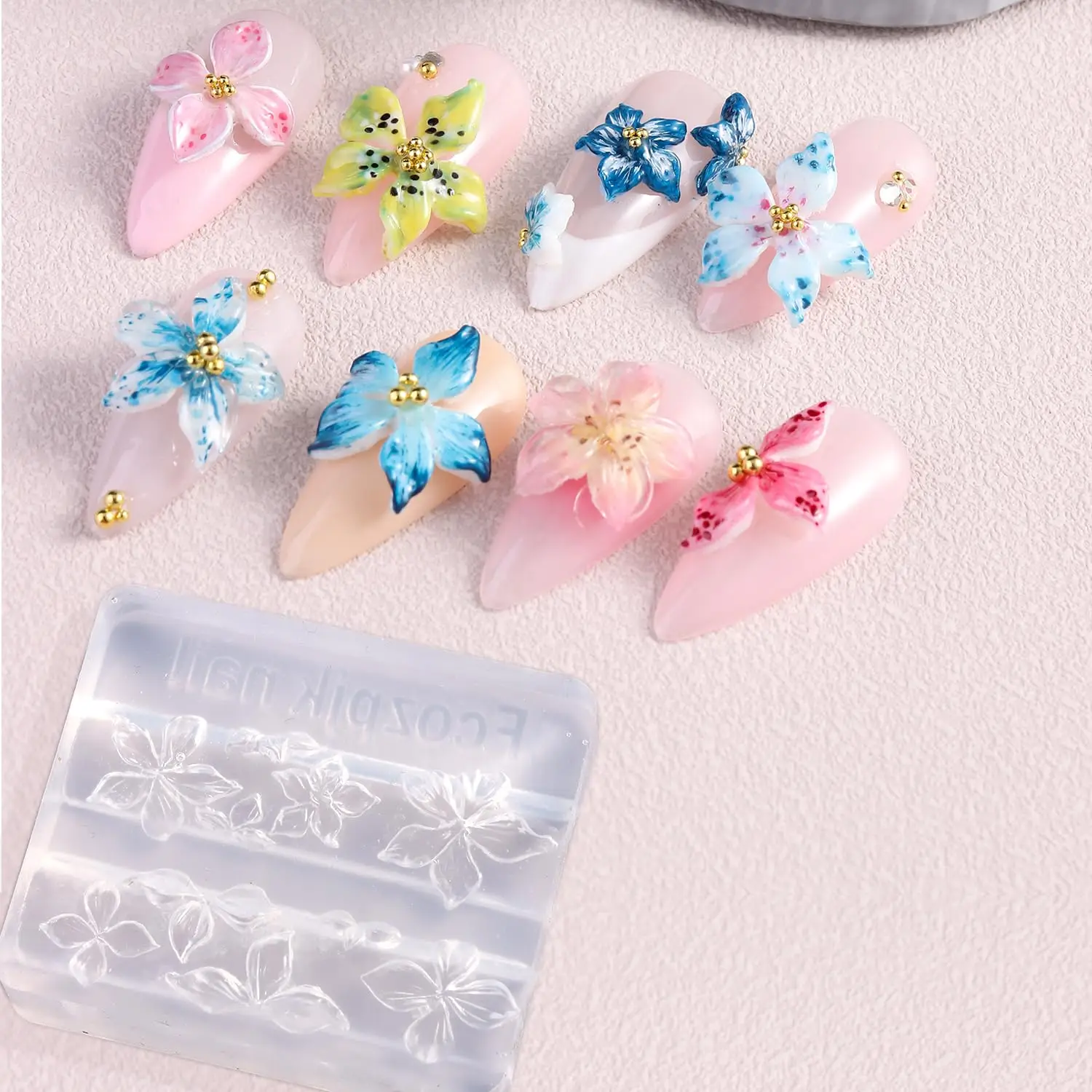 3D 꽃 네일 아트 실리콘 스텐실 조각 릴리 플루메리아 사쿠라 하와이 히비스커스 꽃잎 모델링 몰드 네일 스텐실 도구 포함 