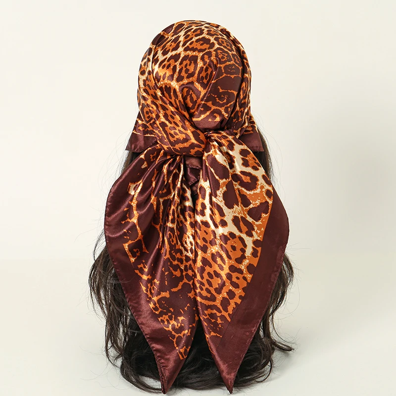 Leopard Print 90*90cm Square Women Silk Scarf Hijab Shawl Kerchief Hair Towel Soft Neck Headband Bandana Scarves Wrap silk scarf printed scarf square scarf women scarves