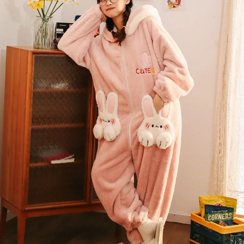 Bunny Ears Bunny Pjs Womens Coral Velvet Onesies Women Cute
